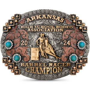 A custom oval rodeo belt buckle for Arkansas High School Rodeo Association featuring a barrel racer cowgirl figure 